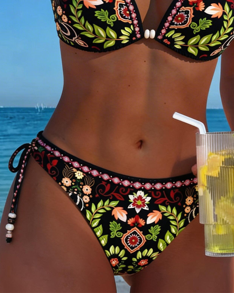 Bikini Ethno-Stil Blumendruck Halsschlaufe Zweiteiler