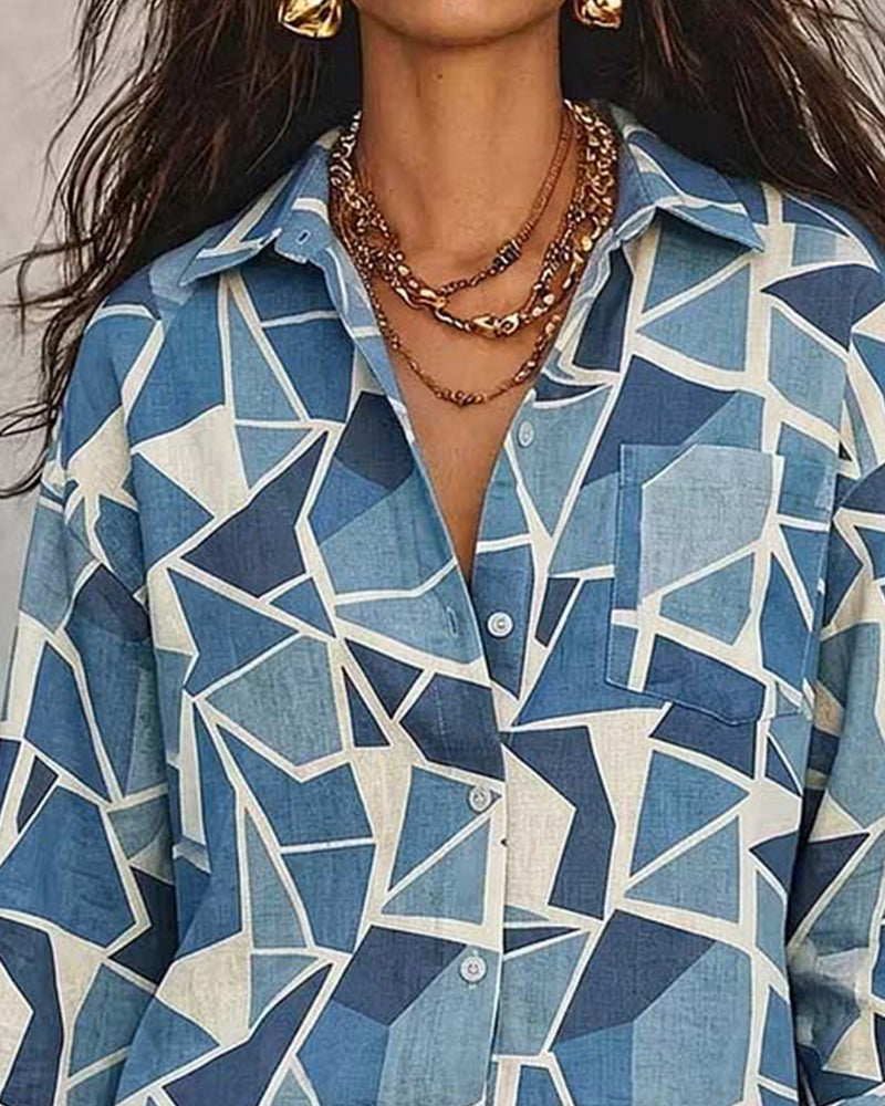 Bluse Geometrischer Print Kragen Langarm