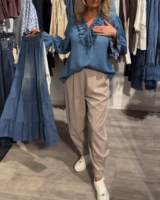 Bluse Rüsche Besatz Binden Denim