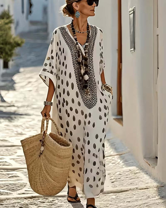 Kleid V-Ausschnitt Gepunktet Resort Druck