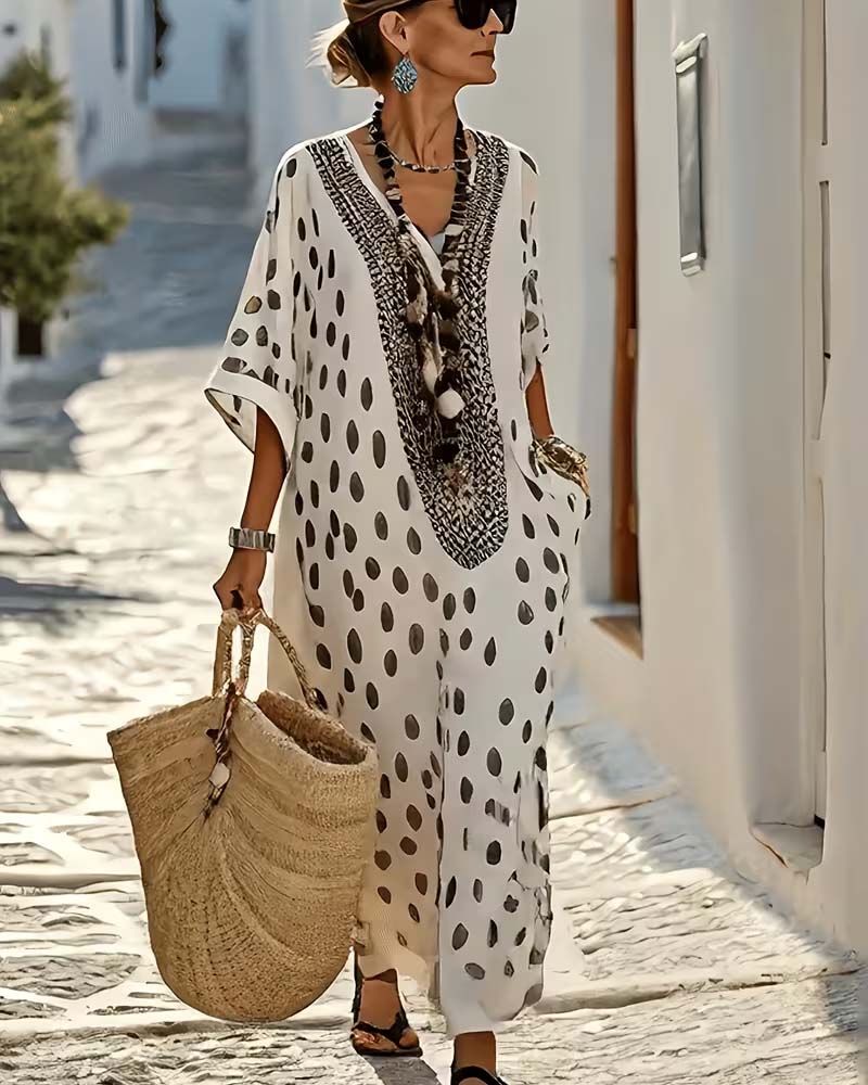 Kleid V-Ausschnitt Gepunktet Resort Druck