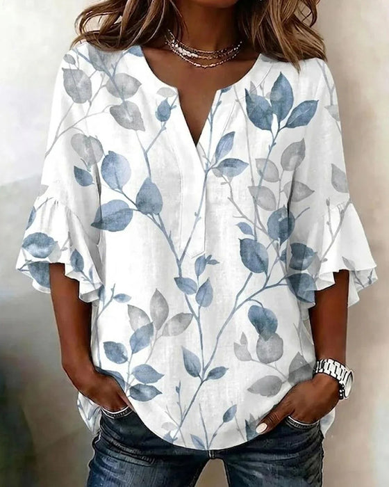 Bluse Flatter Schlagärmel Blatt Print