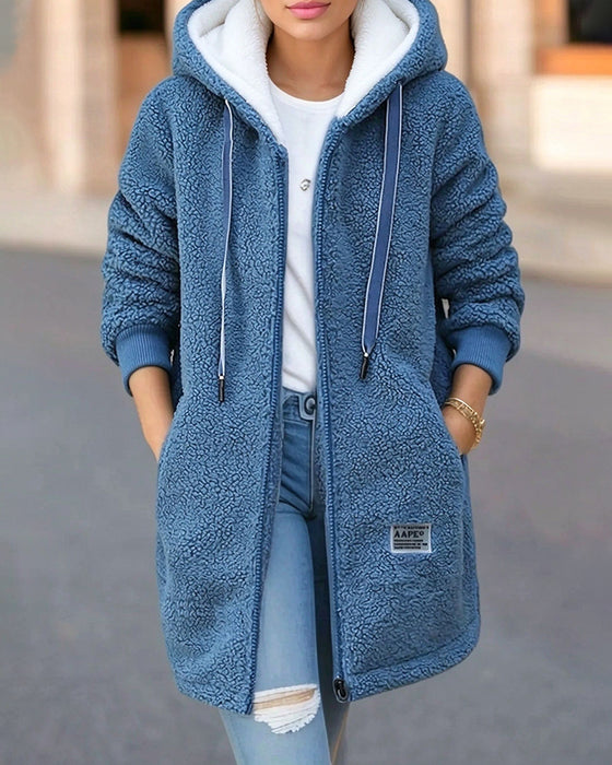 Mantel Fleece Gefüttert Reißverschluss Tasche Kapuze