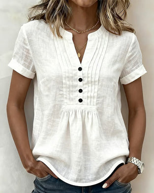 Bluse Kurzarm Plissiert Halbe Knopfleiste Baumwolle Und Leinen V-Ausschnitt