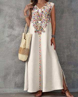Kleid Ethno-Stil Print Ärmellos Schlitz Lang