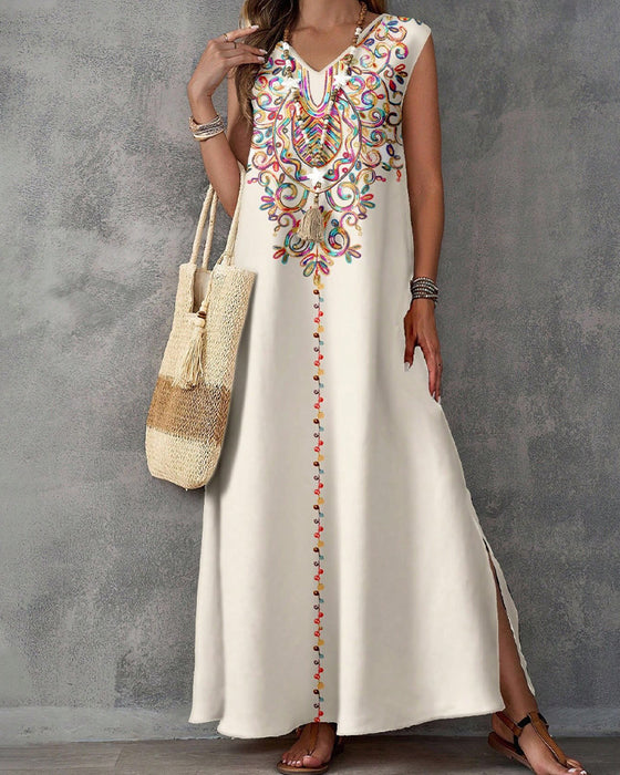 Kleid Ethno-Stil Print Ärmellos Schlitz Lang
