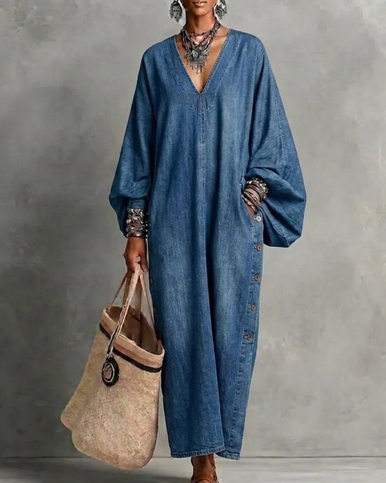 Kleid V-Ausschnitt Tasche Lässig