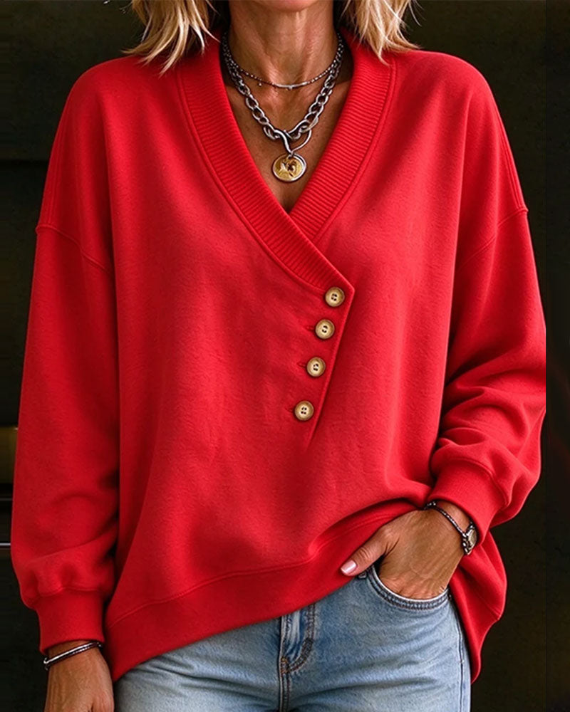 Sweatshirt Diagonal Knopf V-Ausschnitt Pullover