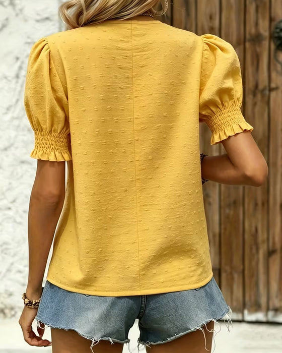 Bluse Puffärmel V-Ausschnitt Jacquard
