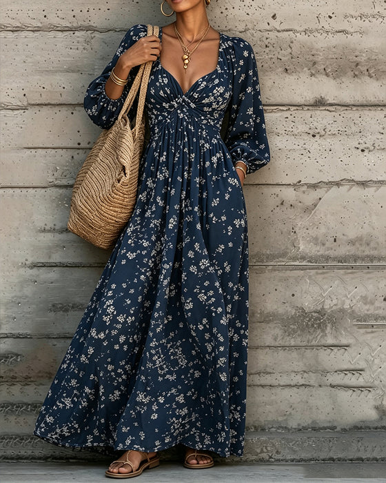 Kleid Gerafft Blumen Puffärmel Weiter Rock