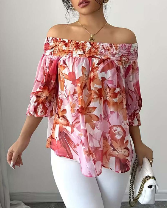 Bluse Off-Shoulder Print Puffärmel