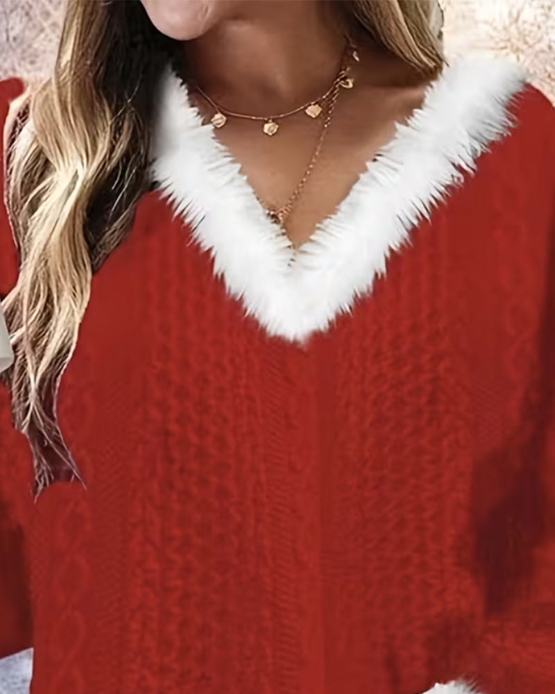 Top Plüschbesatz V-Ausschnitt Weihnachten