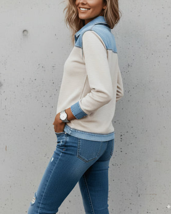 Sweatshirt Modisch Revers Colorblock Genaht