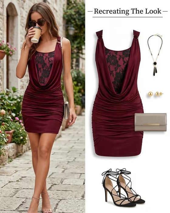 Kleid Drapierter Ausschnitt Spitze Träger Bodycon