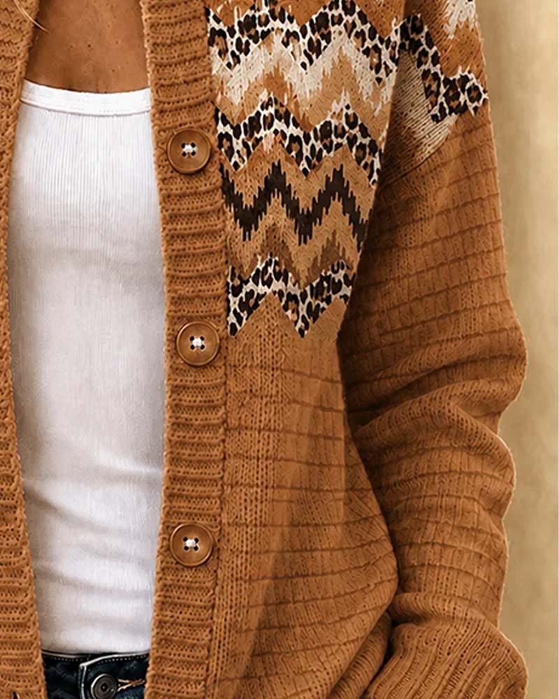 Strickjacke Geknöpft Leopard Wellig Streifen