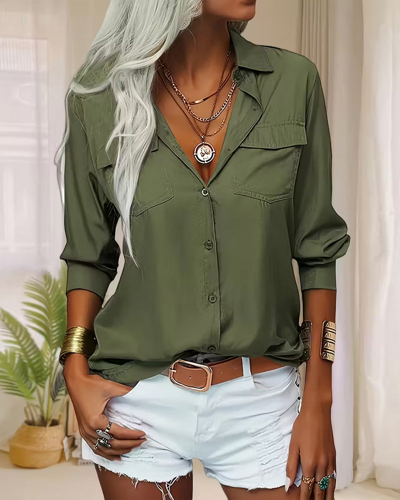 Damen Hemd Mit Doppelter Tasche Detail, Einfarbiges Design