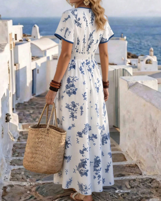 Kleid V-Ausschnitt Taillengerafft Blumen Maxi