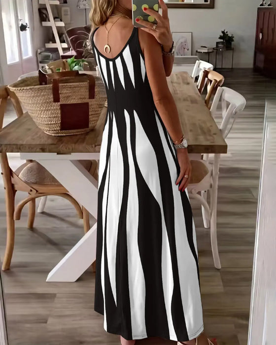Kleid Gestreift Patchwork Träger V-Ausschnitt