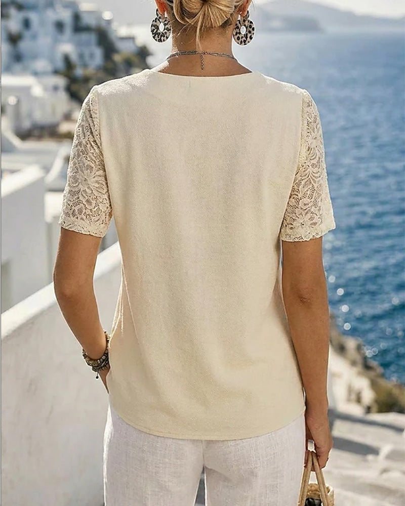 Bluse V-Ausschnitt Spitze Patchwork Uni