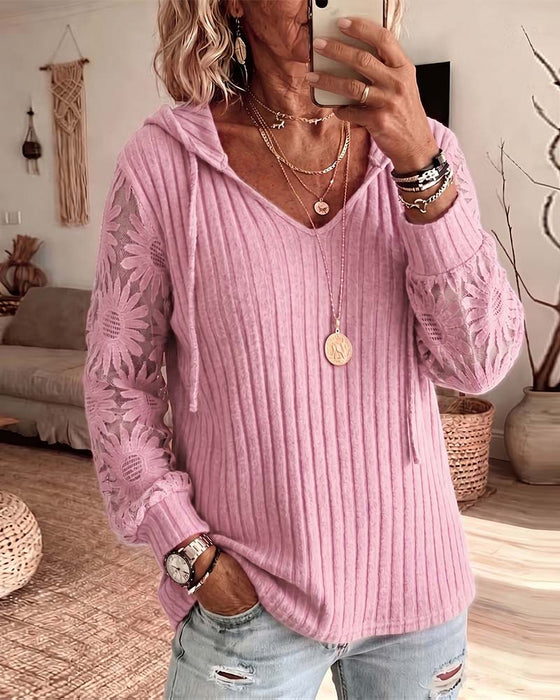Bluse Kapuze V-Ausschnitt Spitze Patchwork Gerippt