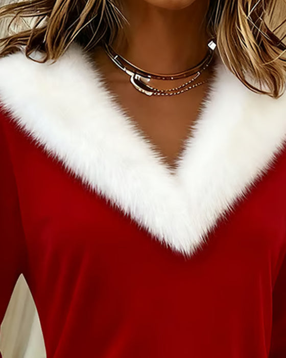 Figurbetontes Oberteil Mit Großem Fellkragen Und Patchwork-Design