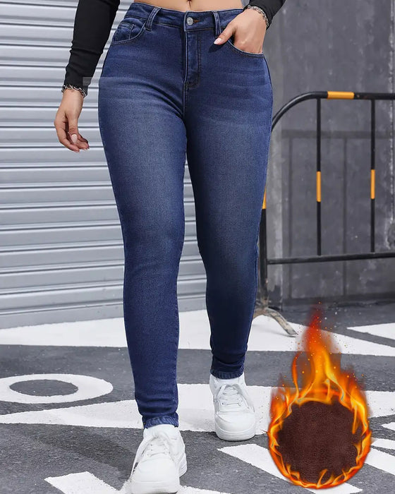 Jeans Damen Fleece-Gefüttert Einfarbig Tasche