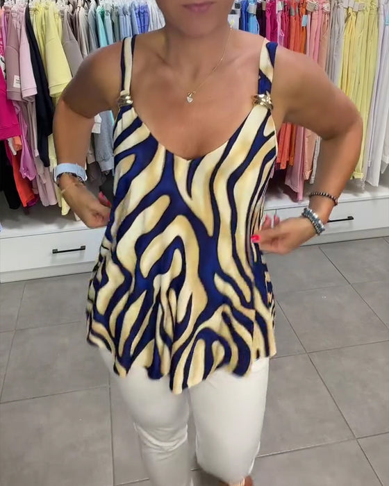 Bluse V-Ausschnitt Träger Zebra Druck Metallknopf