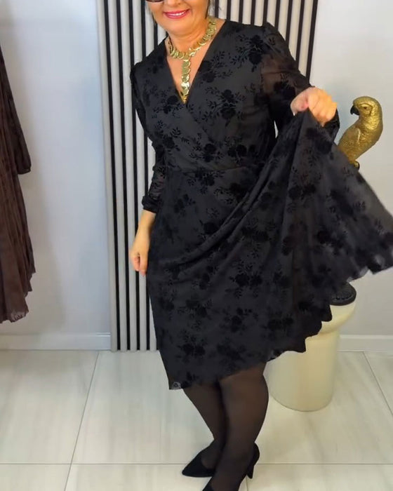 Kleid Blumig V-Ausschnitt Langarm A-Saum