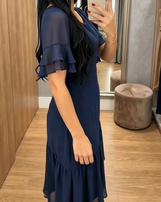 Kleid Rundhals Rüsche Einfarbig