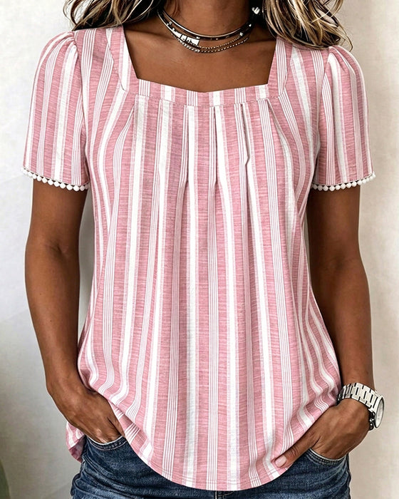 Bluse Gestreift Eckiger Ausschnitt Kurzarm
