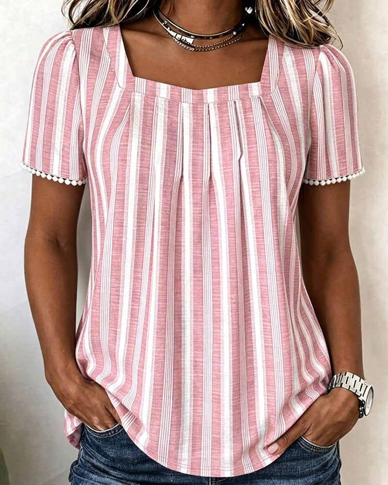Bluse Gestreift Eckiger Ausschnitt Kurzarm