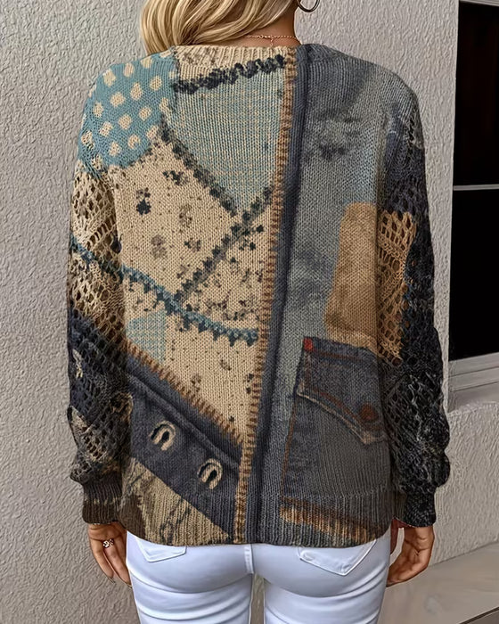 Pullover V-Ausschnitt Farbblock Ausgeschnitten Locker