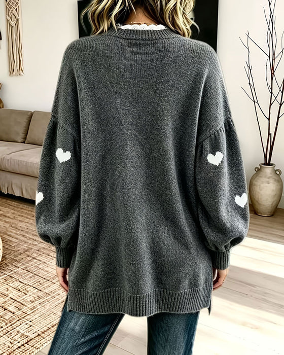 Pullover Herz Druck V-Ausschnitt