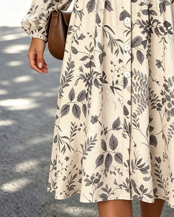 Kleid V-Ausschnitt Knopf Gerafft Puffärmel