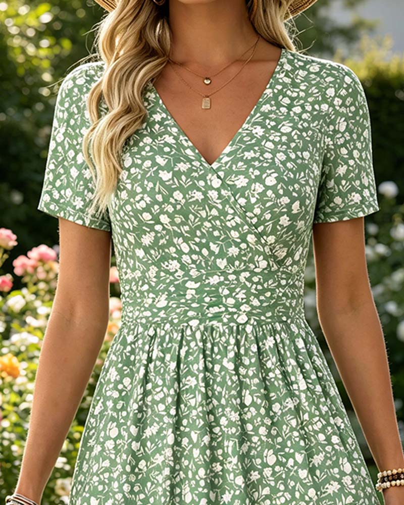 Kleid V-Ausschnitt Kurzarm Kleine Blumen