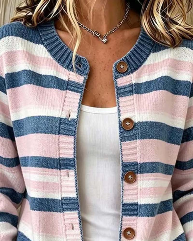 Cardigan Gestreift Rundhals Einreihig