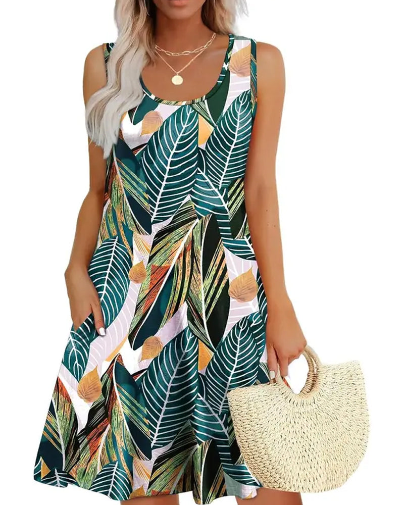 Kleid Elegant Blattdruck Ärmellos