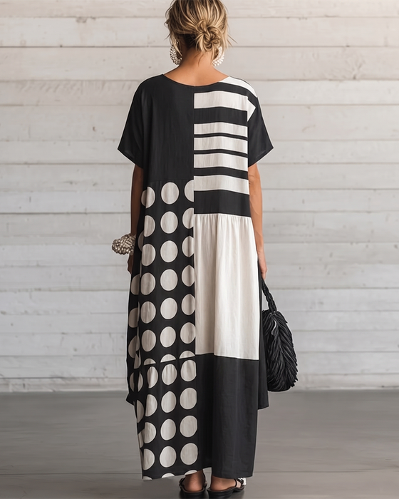 Kleid Rundhals Kurzarm Tupfen Patchwork