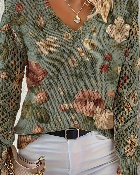 Pullover Jacquard V-Ausschnitt Durchbrochen Langärmelig