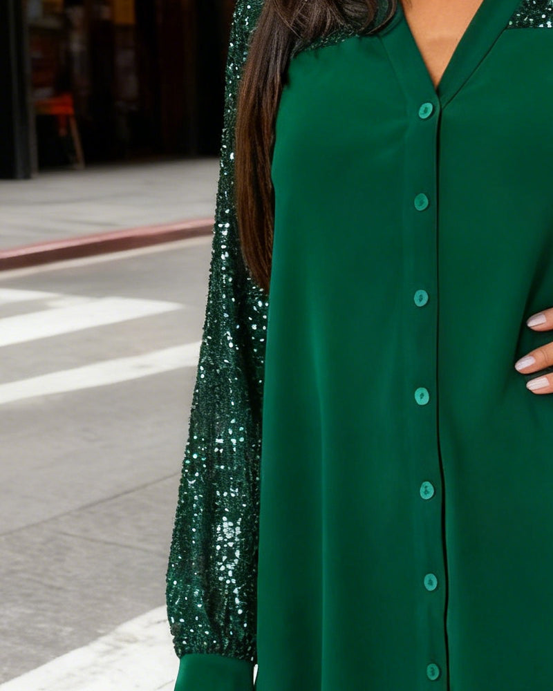 Hemd Glitzer Patchwork V-Ausschnitt Knopfleiste