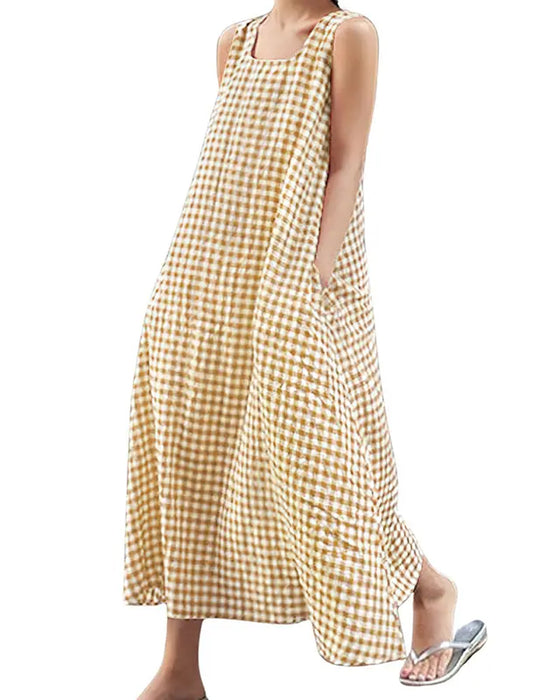 Kleid Karo Ärmellos Quadratischer Ausschnitt Maxi