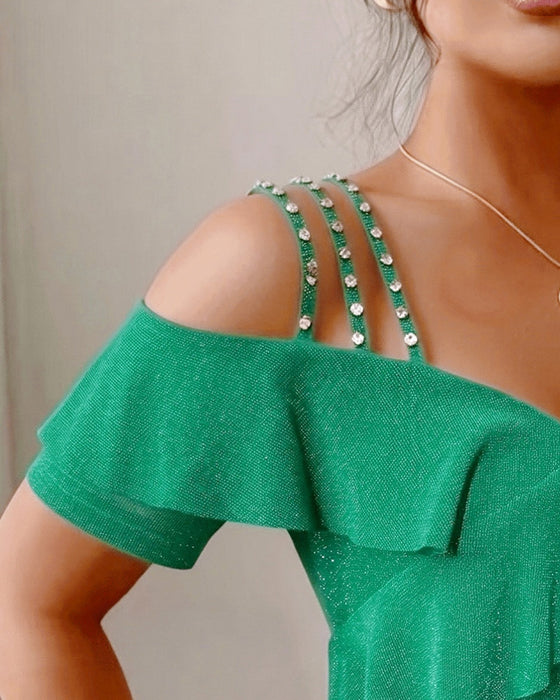 T-Shirt Diamant-Träger Rüschen Off-Shoulder V-Ausschnitt