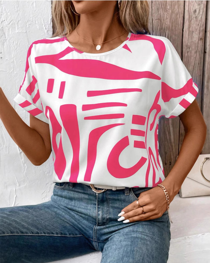 T-Shirt Rund Hals Kurzer Arm Geometrischer Druck