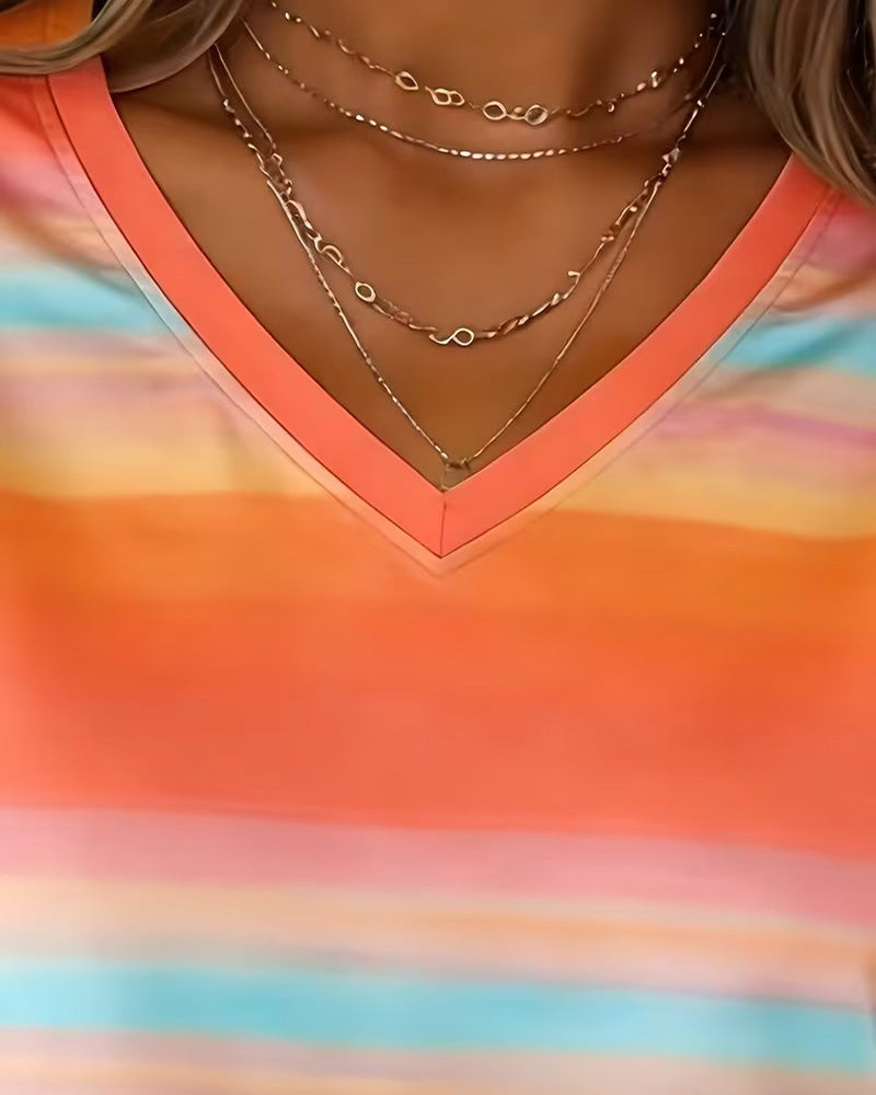 Sweatshirt Regenbogen Ombre Horizontaler Streifen V-Ausschnitt