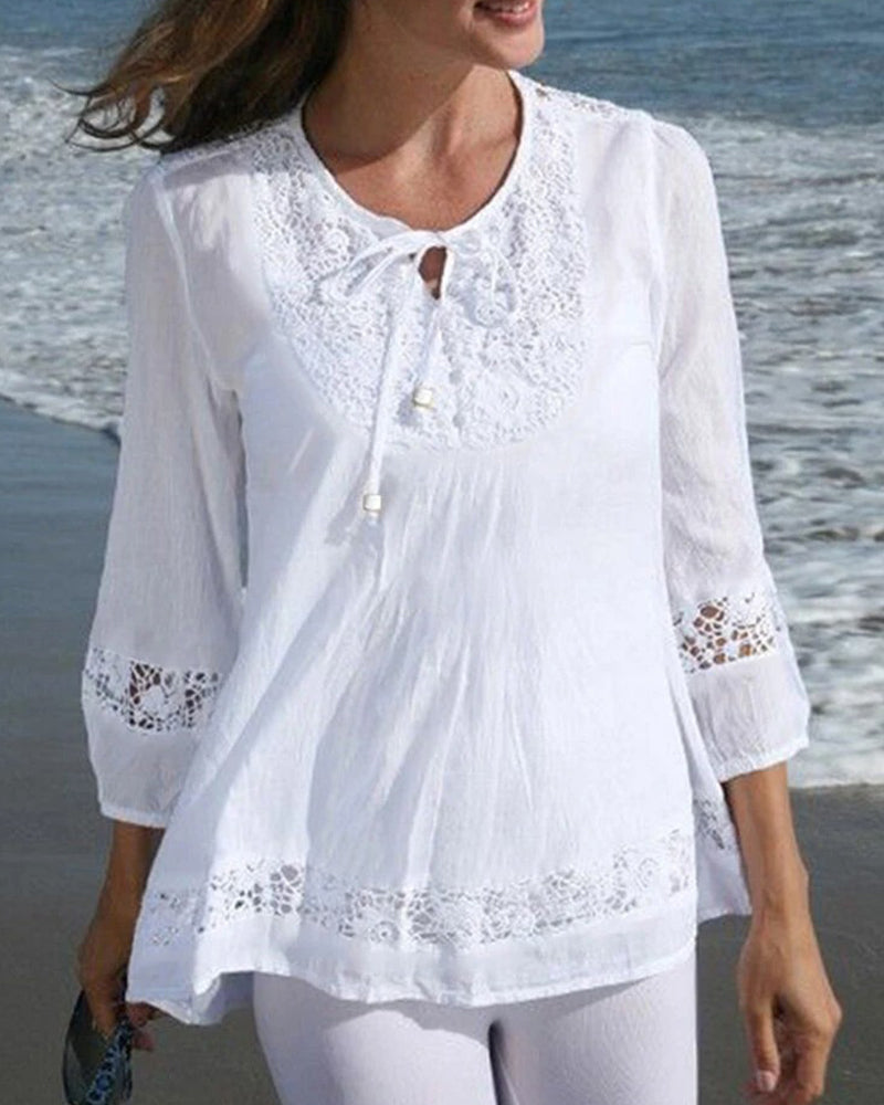 Bluse Rundhals Binden Spitze Patchwork Uni