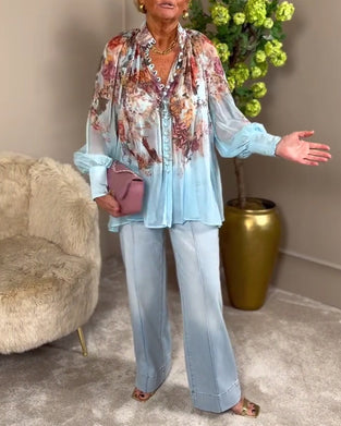 Shirt Laternenärmeln Stehkragen Druck