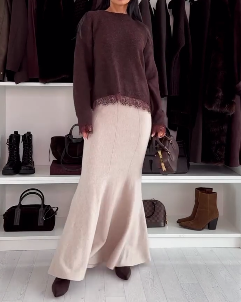 Pullover mit Spitzenpanel und Rundhalsausschnitt