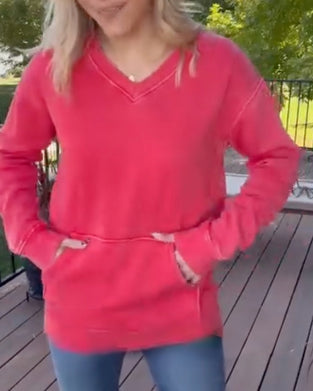 Sweatshirt V-Ausschnitt Tasche Drop-Schulter Unifarben