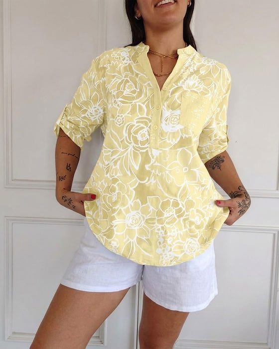 Bluse V-Ausschnitt Button-Down Bedruckt