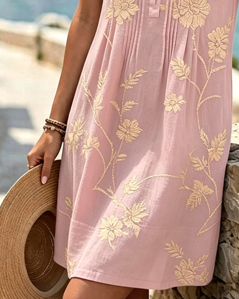 Kleid Rundhals Ärmellos Knopf Plissiert Druck